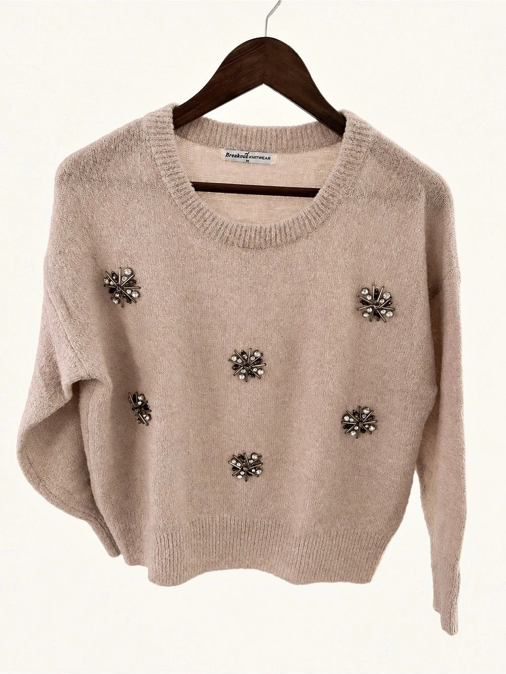 Embellished Crewneck Sweater in Pale Pink